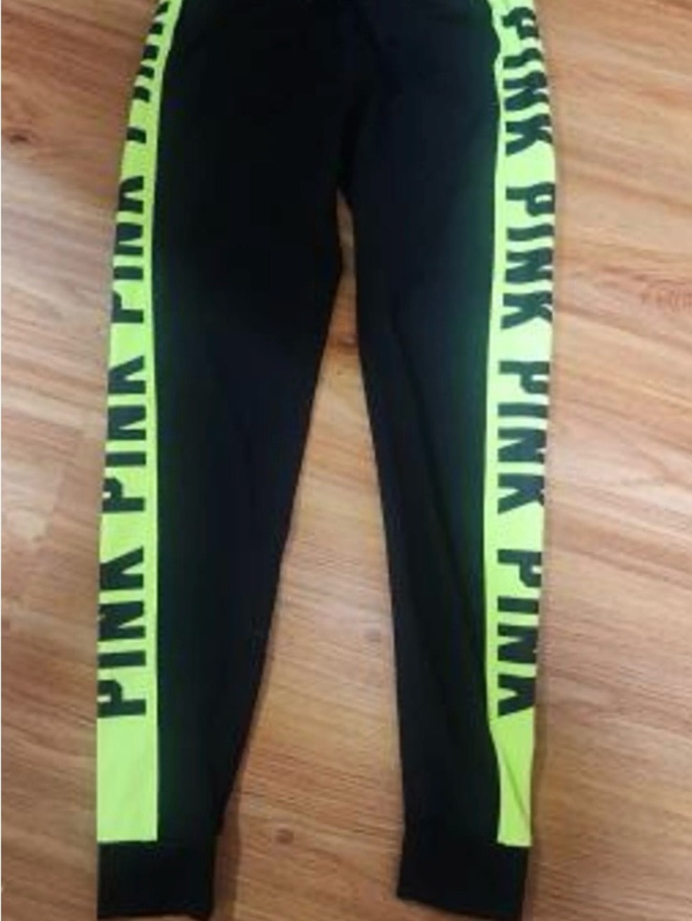 PINK Victoria's Secret Black Leggings with Neon Green Side Panels